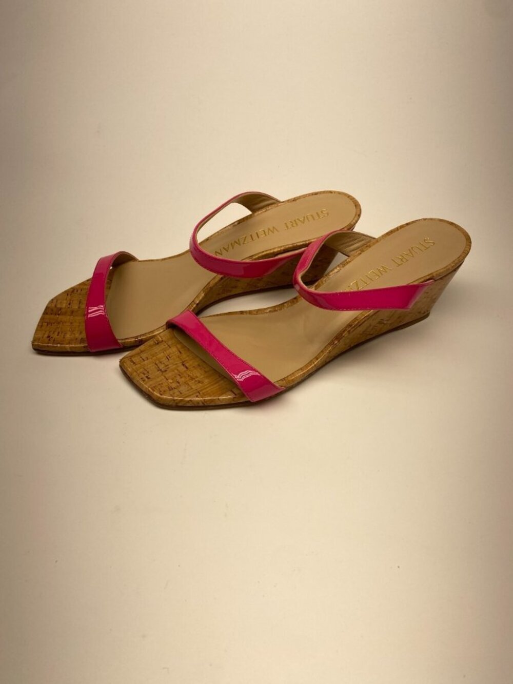 Stuart Weitzman Womens  Aleena Patent Leather & Cork Wedge Mules Sz 10.5